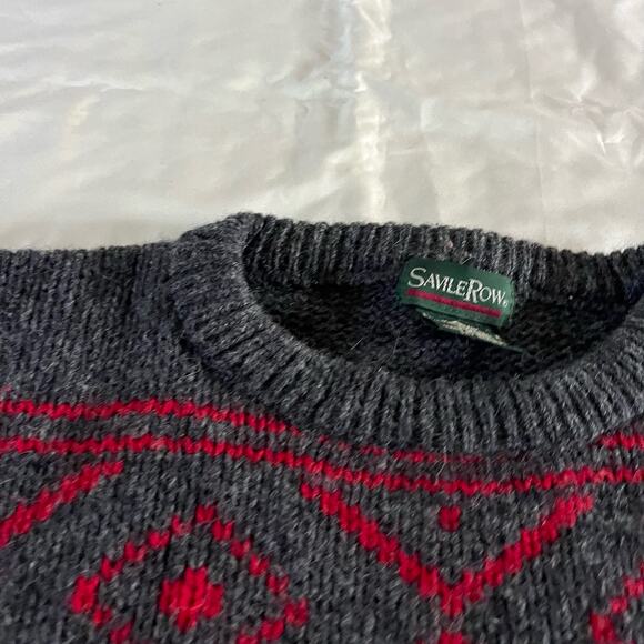 Vtg Y2K Retro 100% Shetland Wool Grey Red Pattern Pullover Grandpa Sweater Men L - Picture 3 of 9